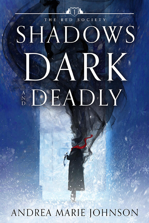 Book cover for Shadows Dark and Deadly by Andrea Marie Johnson. Woman stands in an alley holding a knife in her hands. Shadows move up off her into the title.